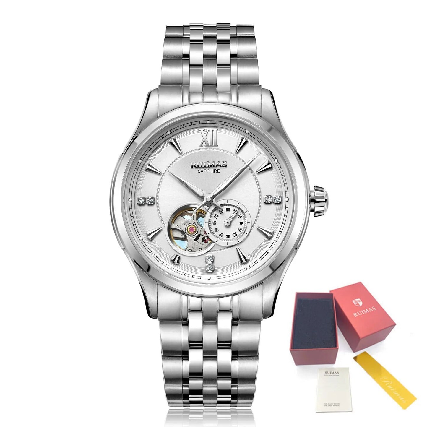 RUIMAS Luxury Men Mechanical Watches Sapphire Glass Stainless Steel Bracelet Business Casual WristWatch Clock Montre Homme 6736-12