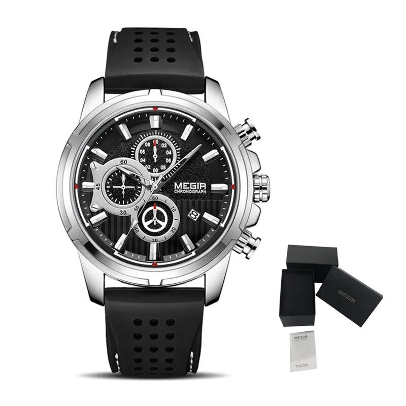 MEGIR Men Watch Silicone Strap Quartz Chronograph Wristwatch Fashion Men's Sport Watches Waterproof Calendar Reloj Hombre 2101-12