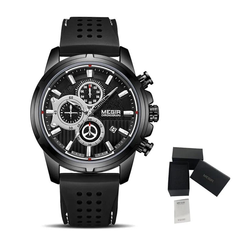 MEGIR Men Watch Silicone Strap Quartz Chronograph Wristwatch Fashion Men's Sport Watches Waterproof Calendar Reloj Hombre 2101-14