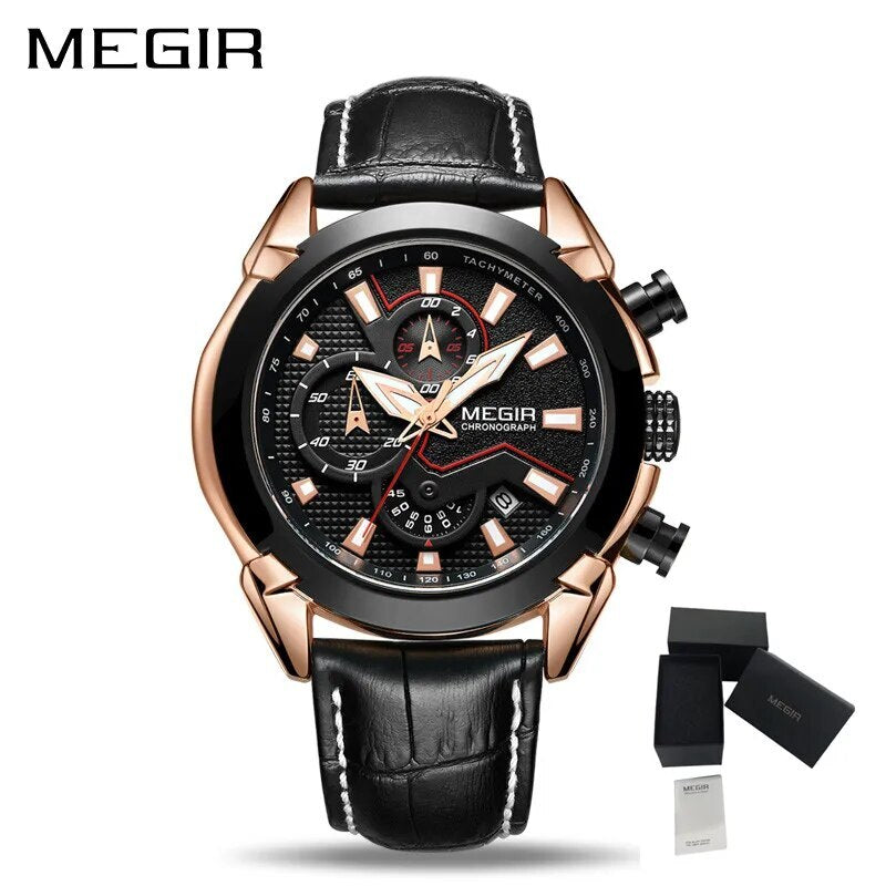 MEGIR Luxury Brand Military Sport Watches for Men Leather Strap Quartz Wristwatch Waterproof Date Chronograph Reloj Hombre 2065-16
