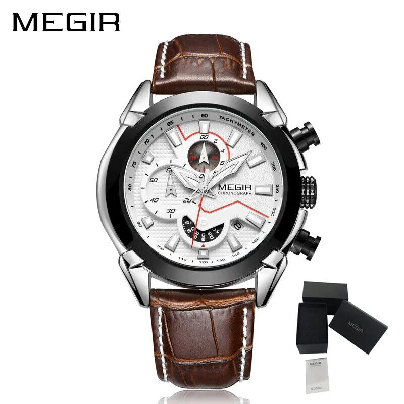 MEGIR Luxury Brand Military Sport Watches for Men Leather Strap Quartz Wristwatch Waterproof Date Chronograph Reloj Hombre 2065-17