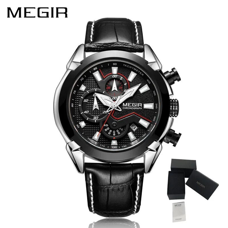 MEGIR Luxury Brand Military Sport Watches for Men Leather Strap Quartz Wristwatch Waterproof Date Chronograph Reloj Hombre 2065-18