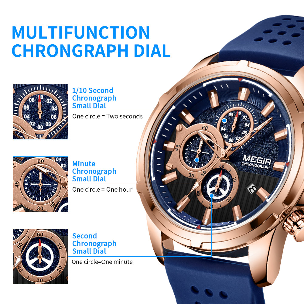 MEGIR Men Watch Silicone Strap Quartz Chronograph Wristwatch Fashion Men's Sport Watches Waterproof Calendar Reloj Hombre 2101-5
