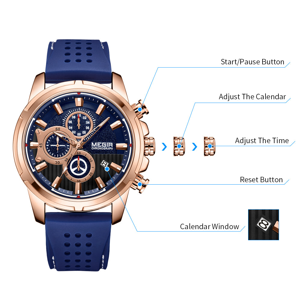 MEGIR Men Watch Silicone Strap Quartz Chronograph Wristwatch Fashion Men's Sport Watches Waterproof Calendar Reloj Hombre 2101-6