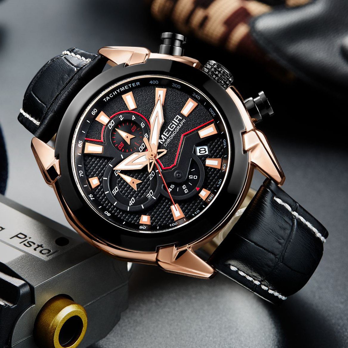 MEGIR Luxury Brand Military Sport Watches for Men Leather Strap Quartz Wristwatch Waterproof Date Chronograph Reloj Hombre 2065-6