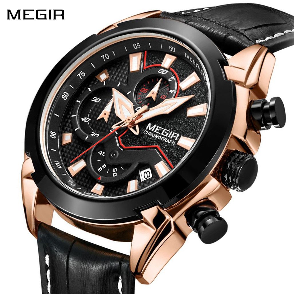 MEGIR Luxury Brand Military Sport Watches for Men Leather Strap Quartz Wristwatch Waterproof Date Chronograph Reloj Hombre 2065-0