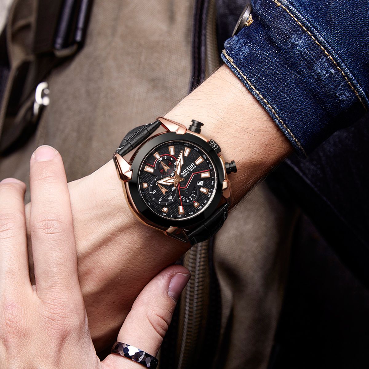 MEGIR Luxury Brand Military Sport Watches for Men Leather Strap Quartz Wristwatch Waterproof Date Chronograph Reloj Hombre 2065-3