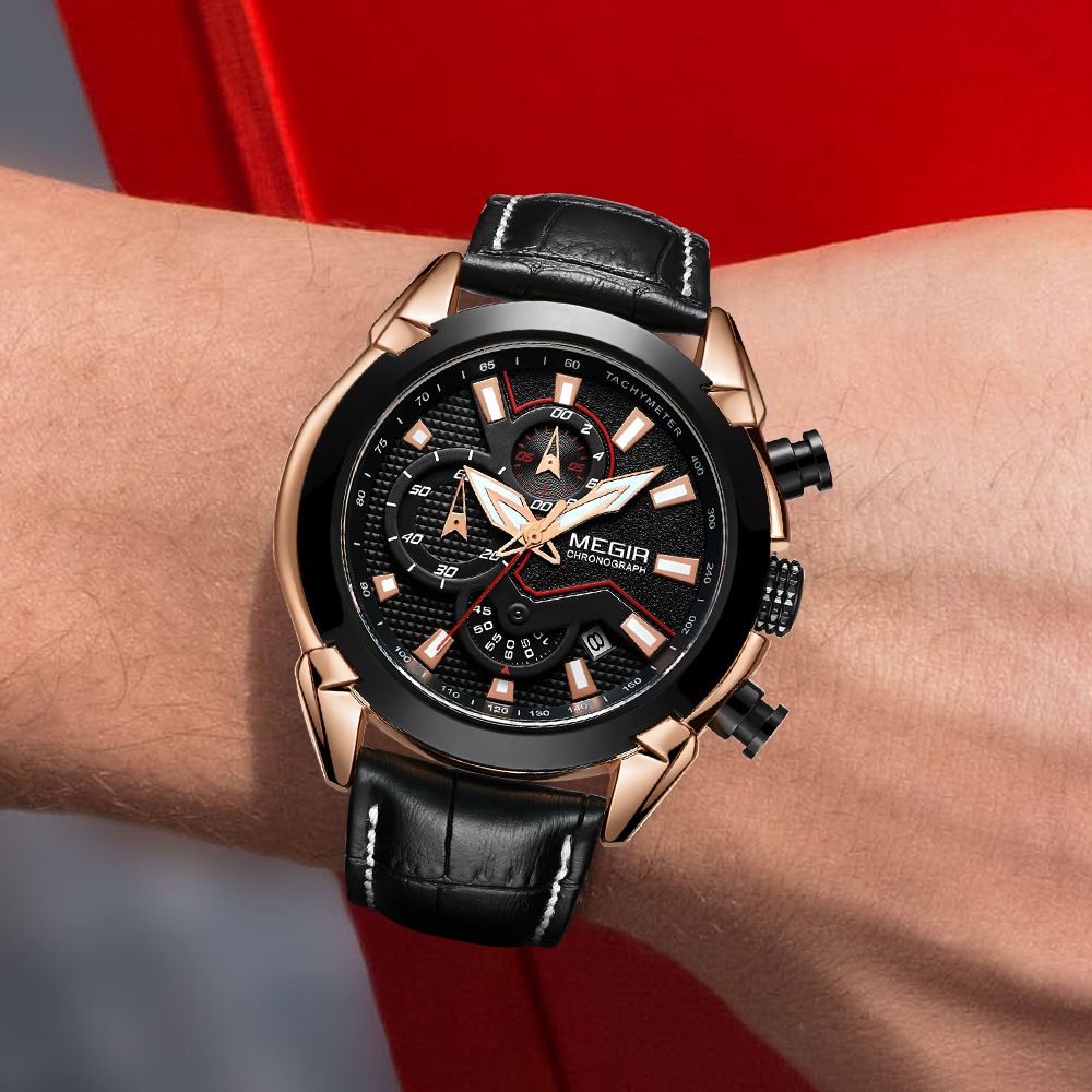 MEGIR Luxury Brand Military Sport Watches for Men Leather Strap Quartz Wristwatch Waterproof Date Chronograph Reloj Hombre 2065-1