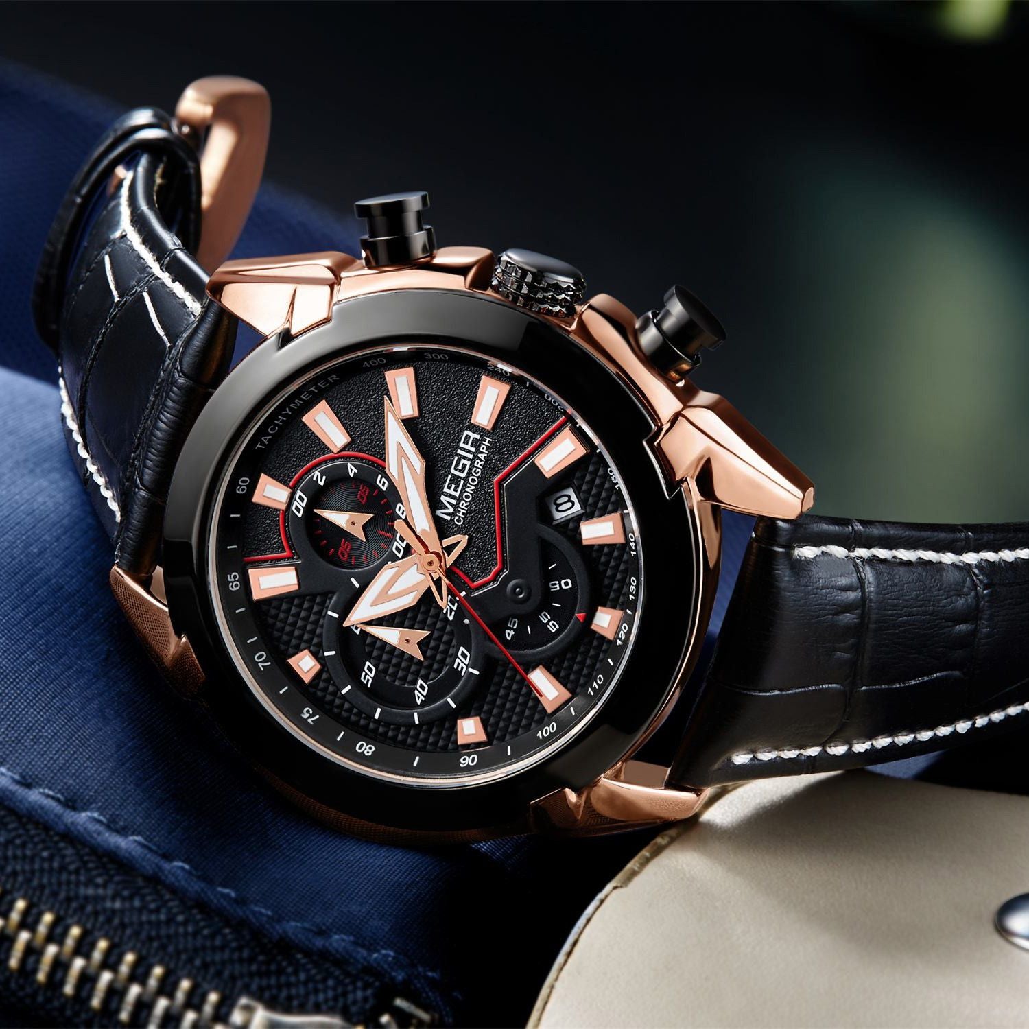 MEGIR Luxury Brand Military Sport Watches for Men Leather Strap Quartz Wristwatch Waterproof Date Chronograph Reloj Hombre 2065-7