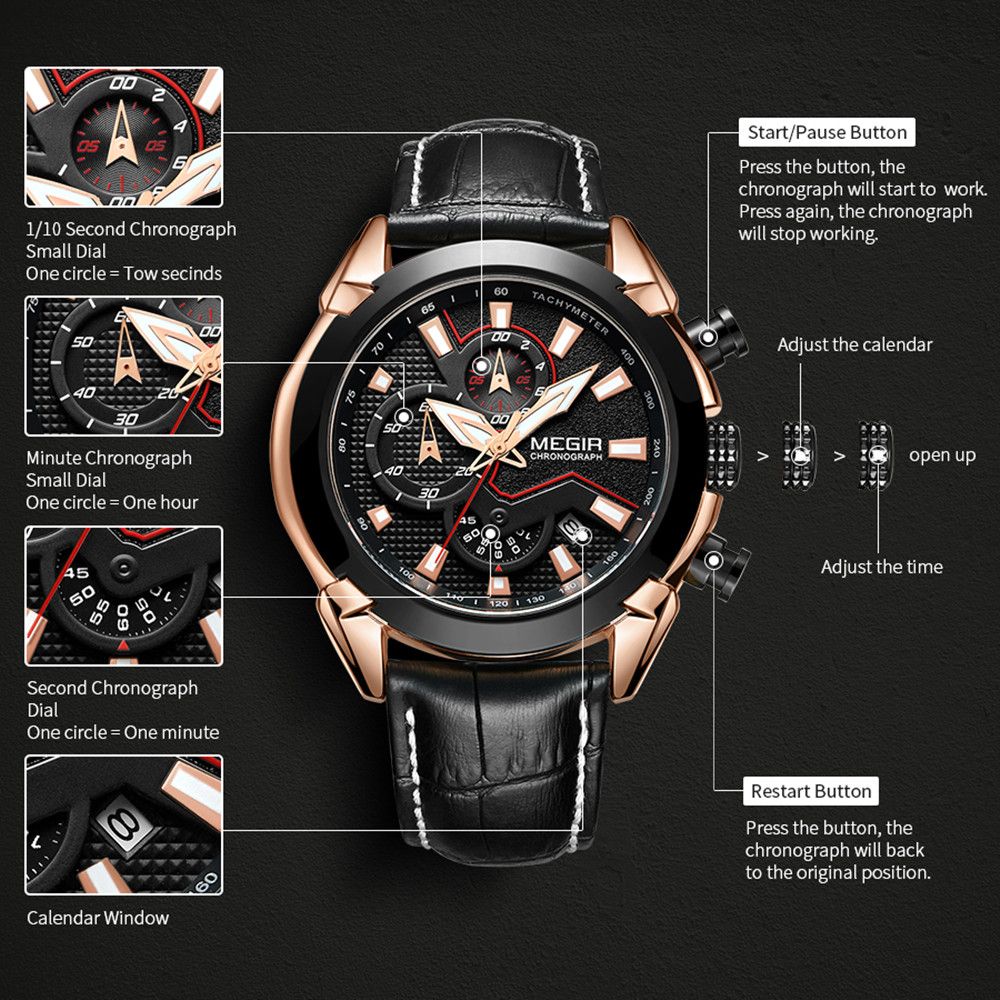 MEGIR Luxury Brand Military Sport Watches for Men Leather Strap Quartz Wristwatch Waterproof Date Chronograph Reloj Hombre 2065-10