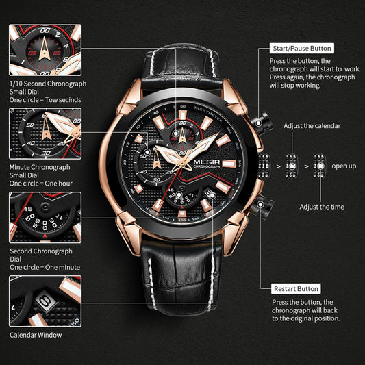 MEGIR Luxury Brand Military Sport Watches for Men Leather Strap Quartz Wristwatch Waterproof Date Chronograph Reloj Hombre 2065-10
