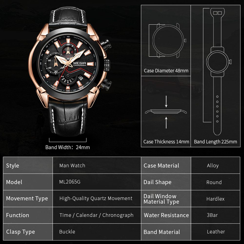 MEGIR Luxury Brand Military Sport Watches for Men Leather Strap Quartz Wristwatch Waterproof Date Chronograph Reloj Hombre 2065-11