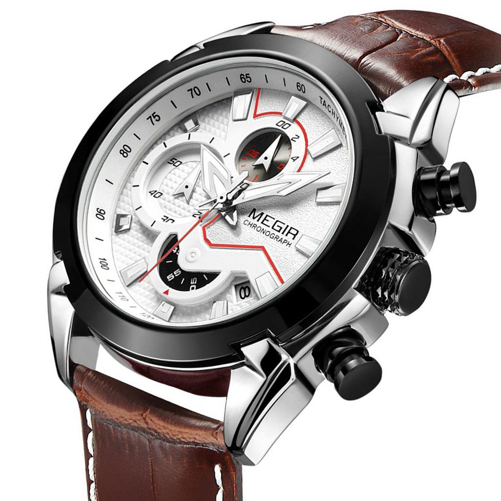 MEGIR Luxury Brand Military Sport Watches for Men Leather Strap Quartz Wristwatch Waterproof Date Chronograph Reloj Hombre 2065-12