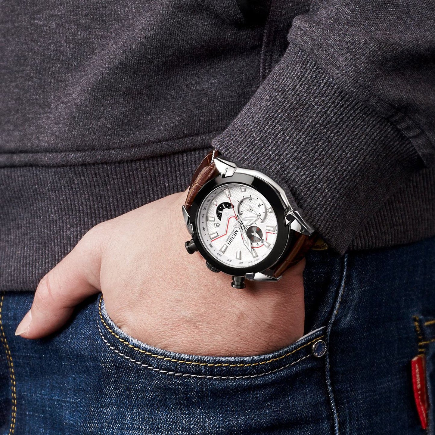 MEGIR Luxury Brand Military Sport Watches for Men Leather Strap Quartz Wristwatch Waterproof Date Chronograph Reloj Hombre 2065-5