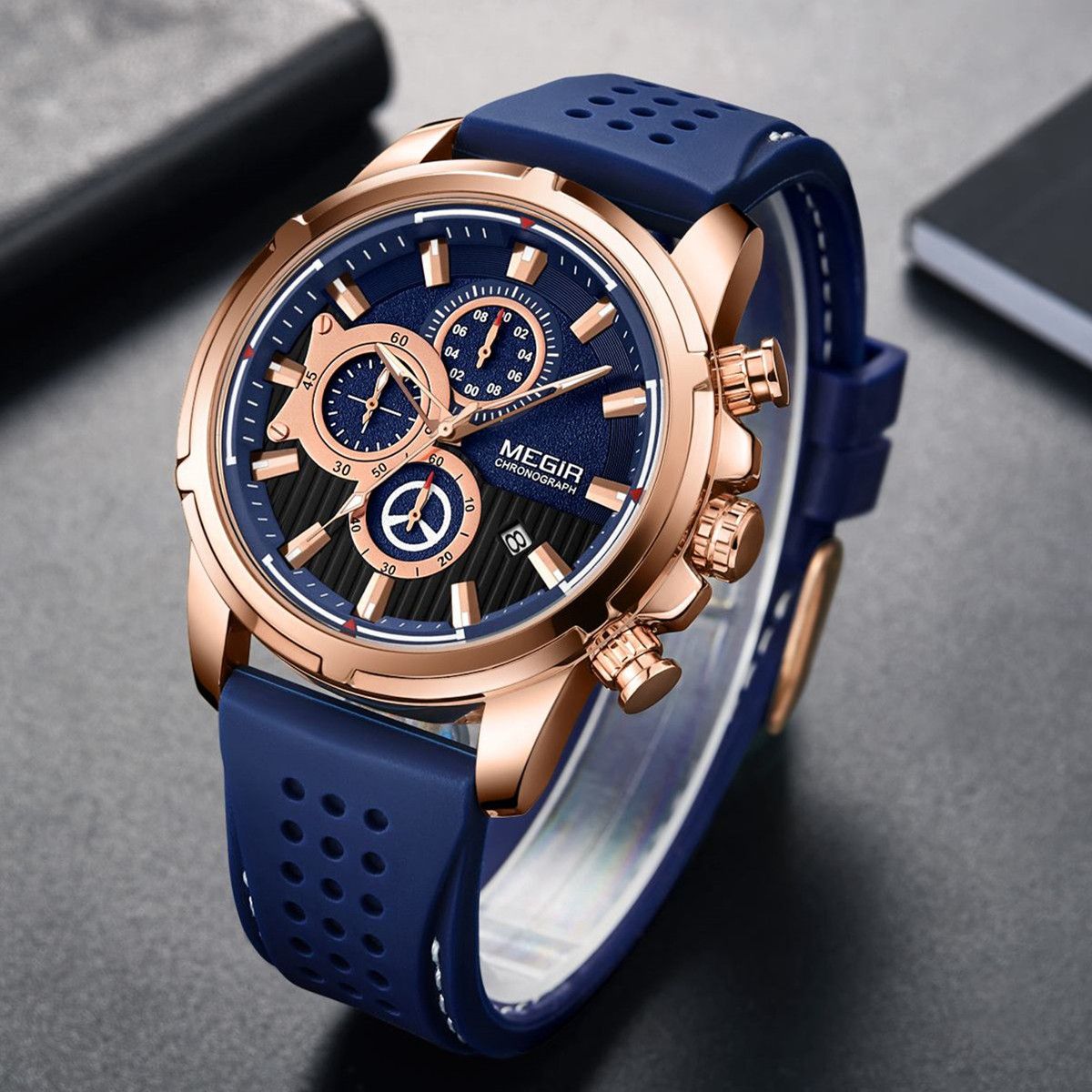 MEGIR Men Watch Silicone Strap Quartz Chronograph Wristwatch Fashion Men's Sport Watches Waterproof Calendar Reloj Hombre 2101-2