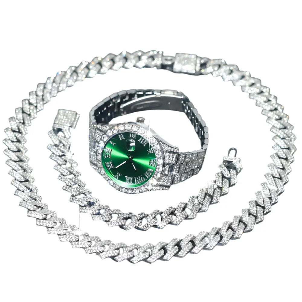 3pcs Mens Silver Watch Cuban Chain Bracelet Set (Green)-0