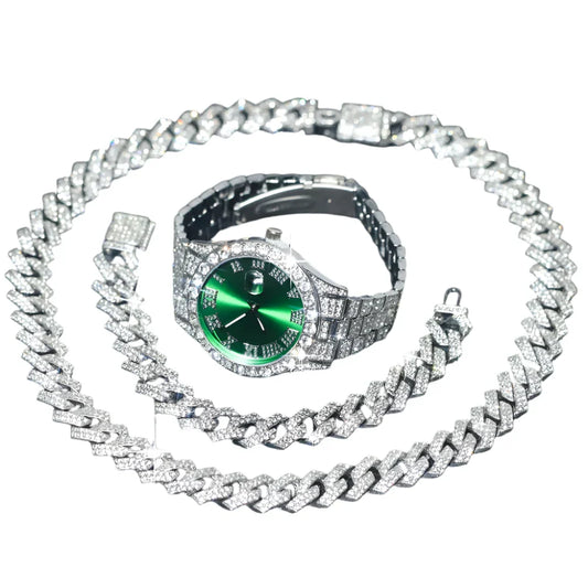 3pcs Mens Silver Watch Cuban Chain Bracelet Set (Green)-0